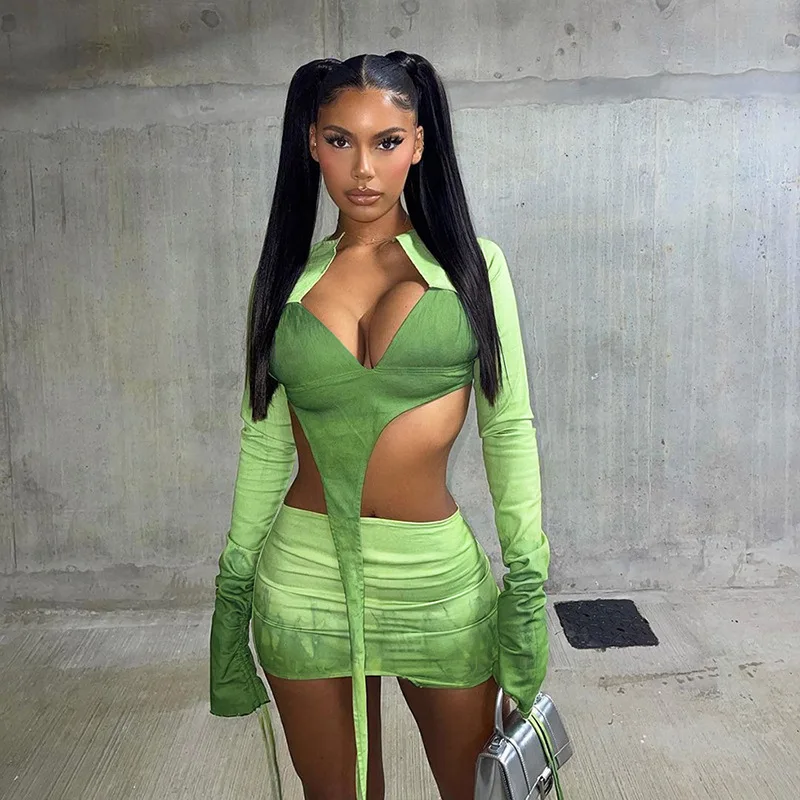 

DSMTRC Women Stacked Sleeve V Neck Tops+Halter Camisole+Skirts Wild Slim Matching Streetwear Outfits Sexy Beach 3 Piece Set