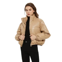 faux leather cotton coat women 2021 winter new fashion pu leather zipper puffer outerwear khaki slim short jacket female lr1349