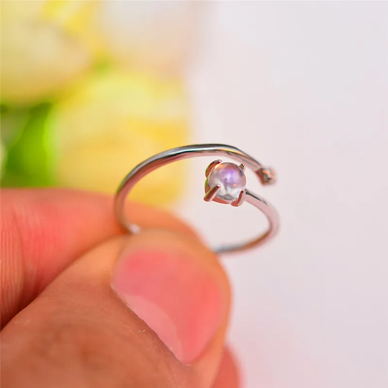 

Korean Female Small Round Natural Moonstone Ring 100% Real 925 Sterling Silver Open Ring Promise Engagement Rings For Women