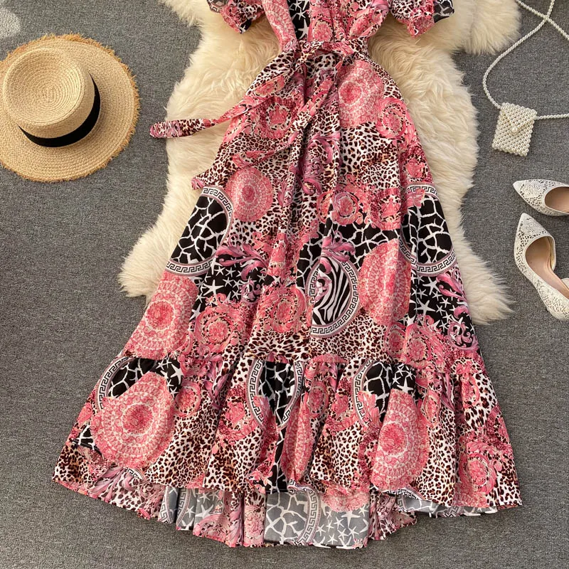

Vintage V-Neck Short Sleeve Printed Party Long Dress Women Summer Sexy High Waist Robe Vintage Fashion Spring Summer 2021 New