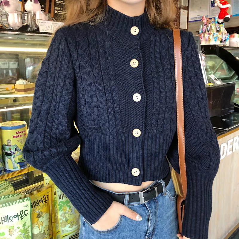

2020 Autumn Women Vintage Sweater Knitted Puff Sleeve Short Slim Turtleneck Casual Solid Korean Single Breasted Cardigan Sweater