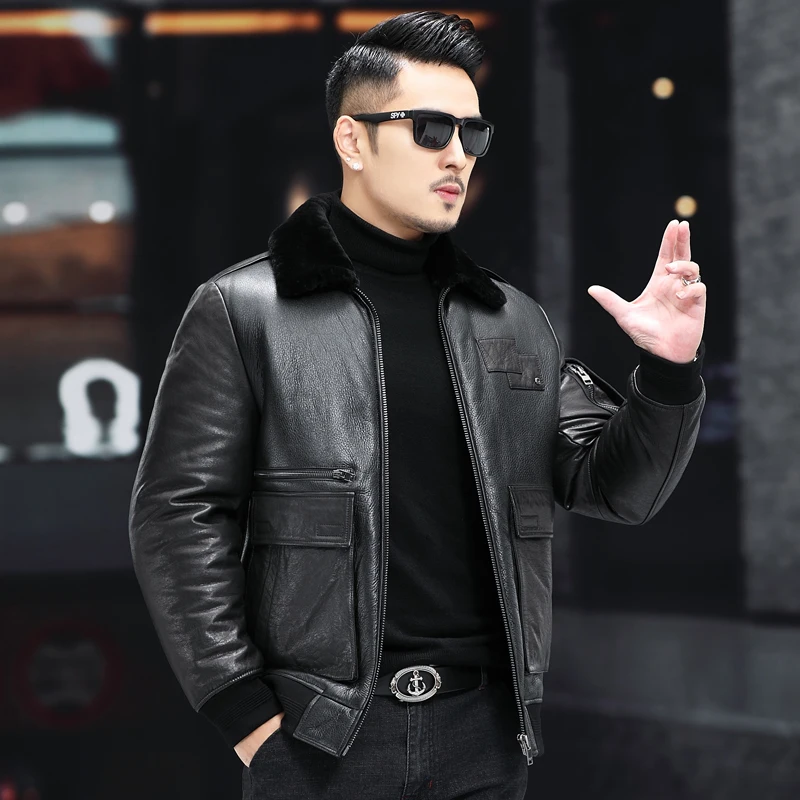 

2021 Casual Warm Thick Genuine Cowhide Leather Coat Men Winter Real Wool Liner White Duck Down Jackets Male Veste Homme Gxy946