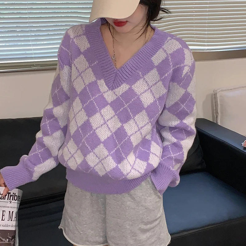 

Женский Осенний Вязаный Свитер оверсайз с V-образным вырезом и длинными рукавами