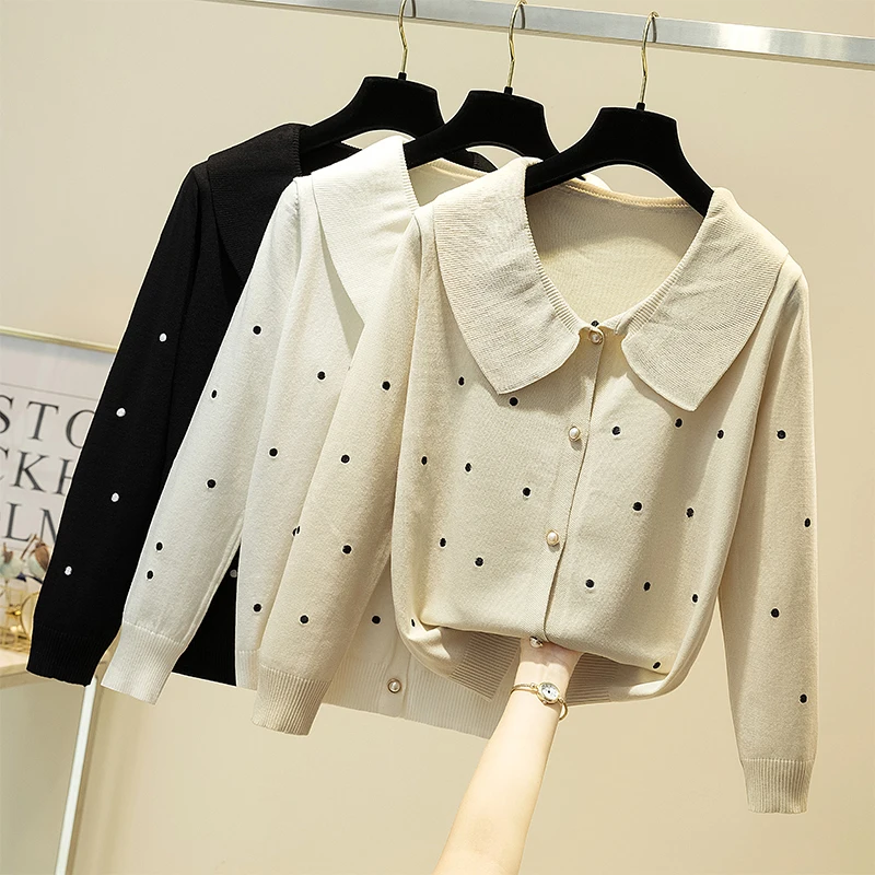 Кардиган женский вязаный с длинным рукавом в горошек |