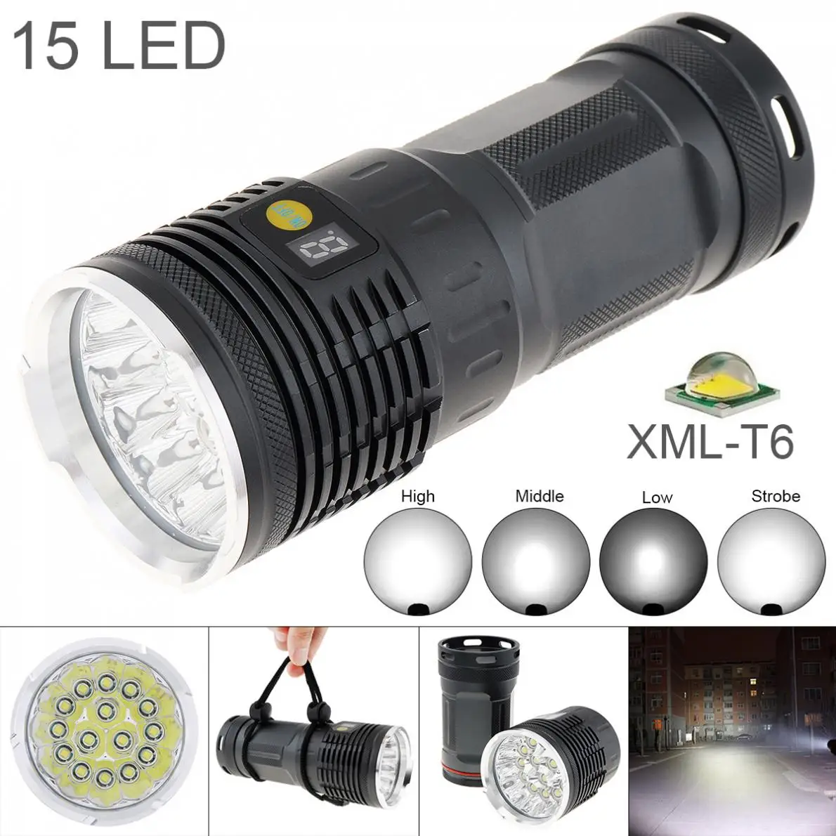 

15 XML-T6 LED 7500 Lumens Waterproof IP65 Aluminium Alloy Flashlight with 4 Modes Light and DC USB Cable + Portable Sachet