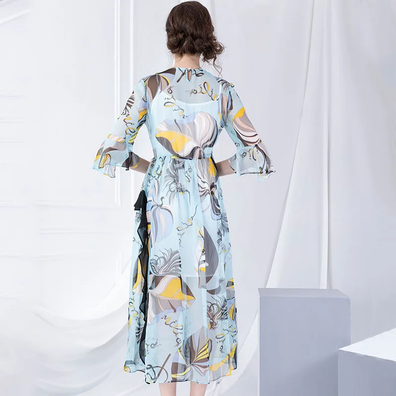 

High Quality Printed Long Silk Dress Split Young Style Spring Summer New Mulberry Silk Swing Suspender Two Piece Suit Dress