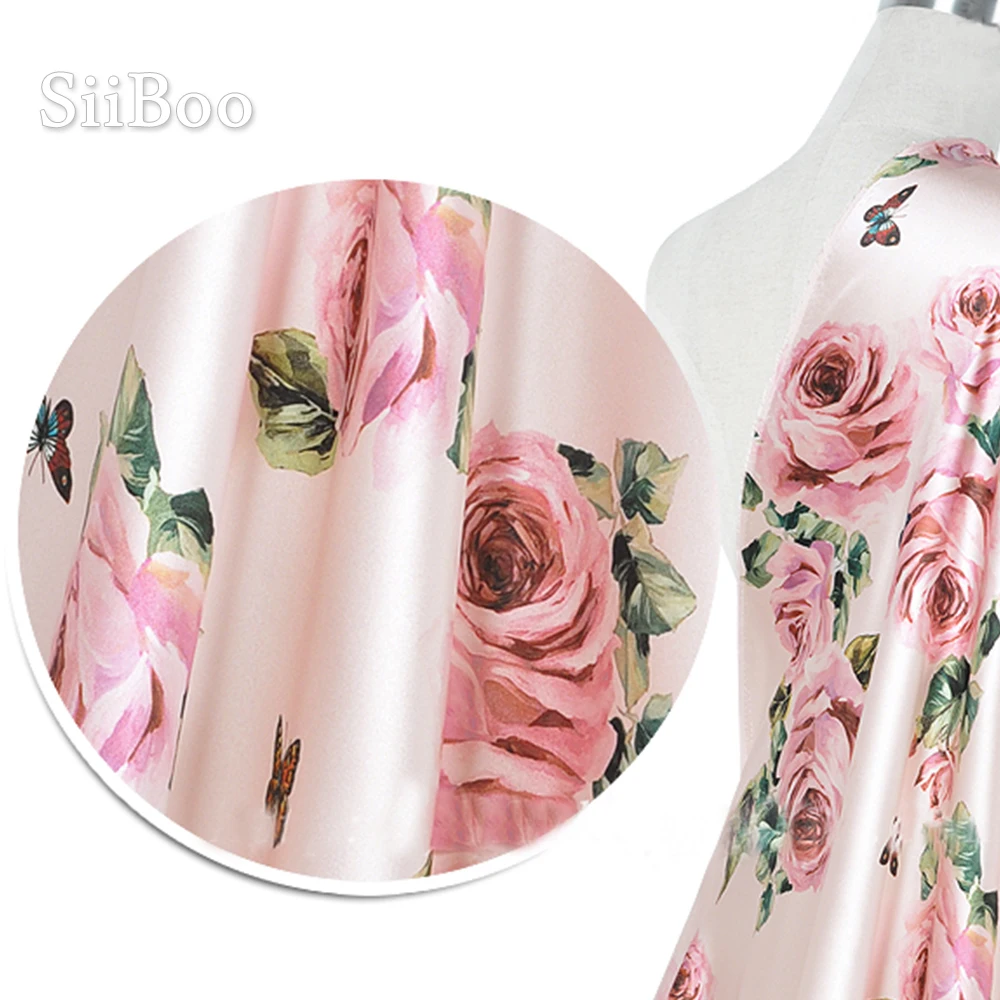 Итальянская Роскошная розовая и черная шелковая ткань из спандекса с принтом