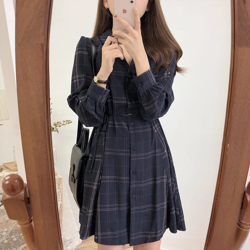 Женское платье-поло тонкое кружевное с высокой талией в клетку для студентов |