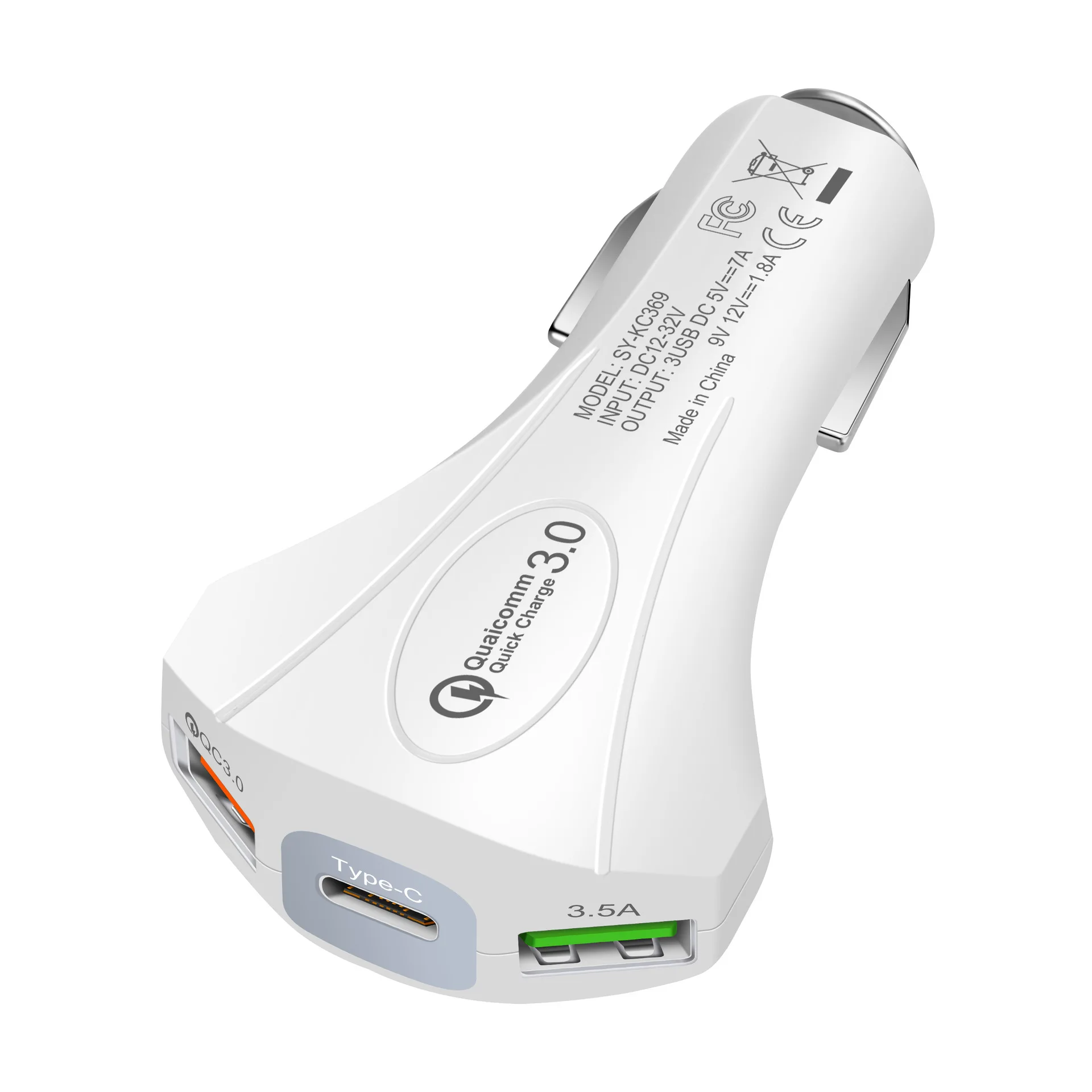 

QC3.0 Car charger Dual quick charge USB+PD car charger 7A one tow three Type-c car charger White diagonal port