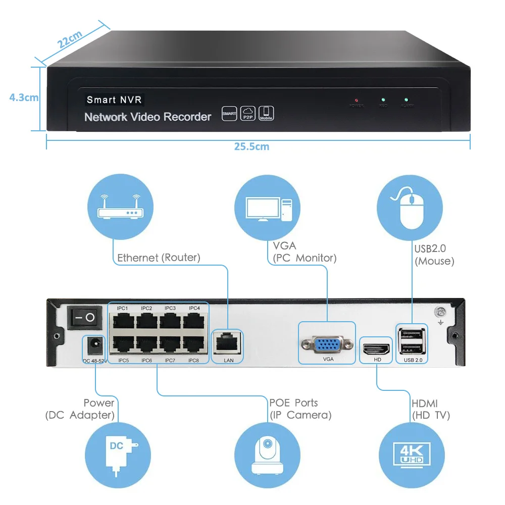 Сетевой видеорегистратор TySvance 8 каналов POE 5 МП NVR H.265 сетевой до 16 1 HDD 24/7 Φ Onvif 2 6 P2P
