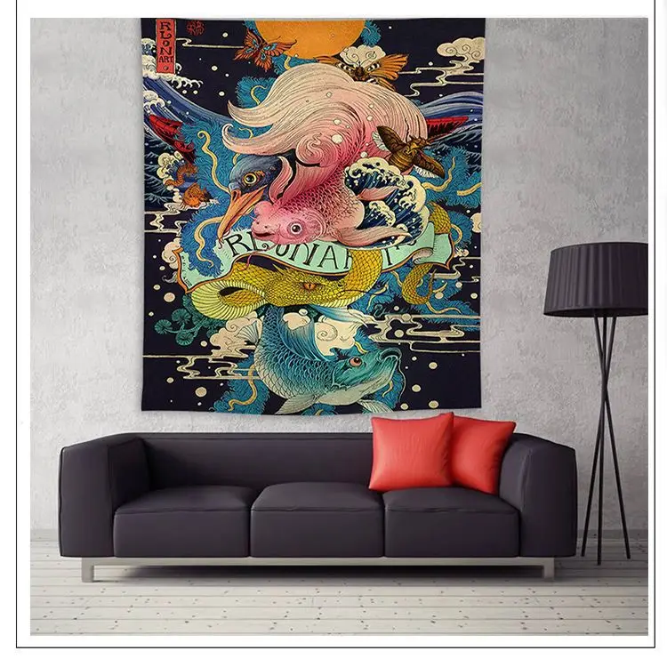 Ukiyo-e Japanese-style living room tapestry wave decorative painting Wall Hanging Tapestries Boho Bedspread Yoga Mat | Дом и сад