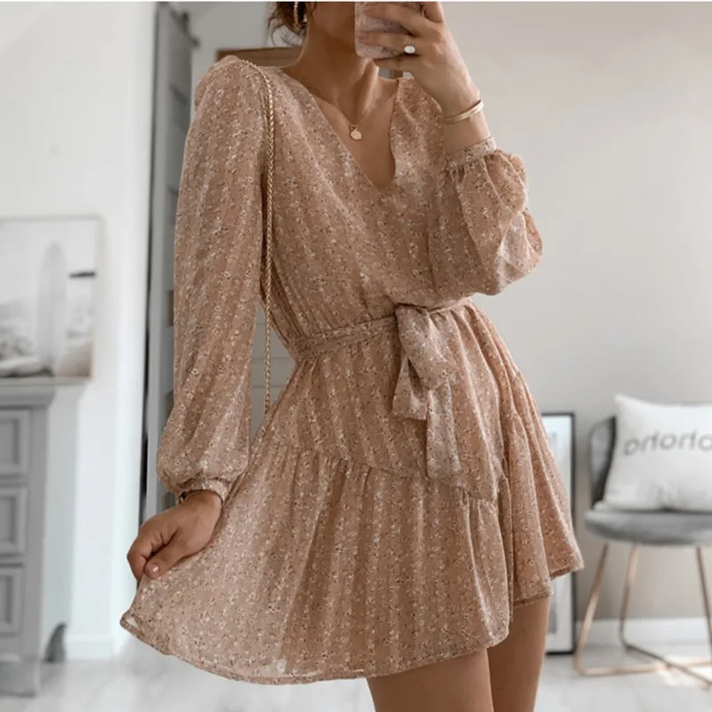 

Sexy V Neck Dresses for Women Party Long Lantern Sleeve Lace Up Bownot Floral Oriental Style New Skirl Spring Summer 2021 Dress