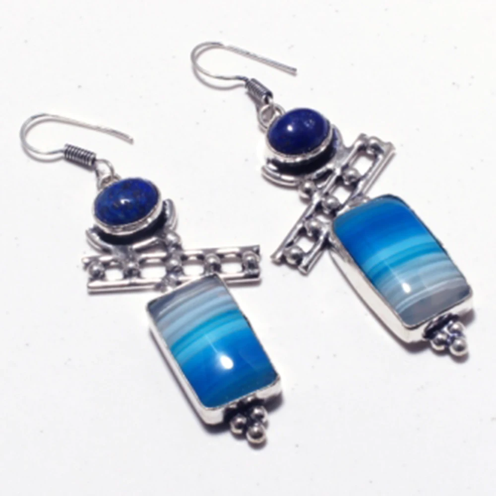 Подлинная Ботсвана Агат + лазурит серебряное покрытие на медных сережках ручная