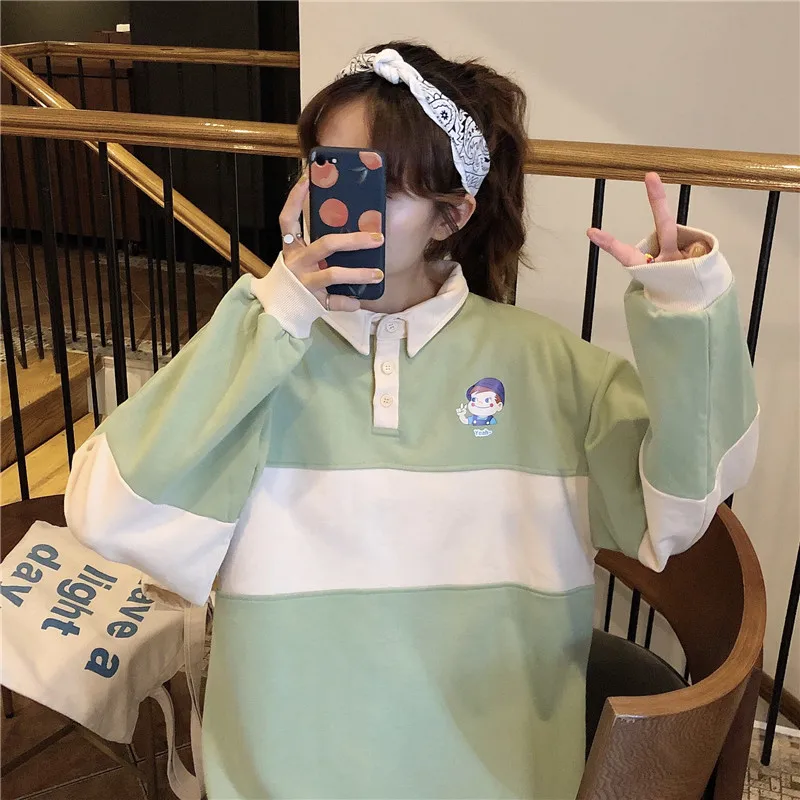 Новинка 2020 хит Осенние повседневные женские толстовки поло воротник пэчворк