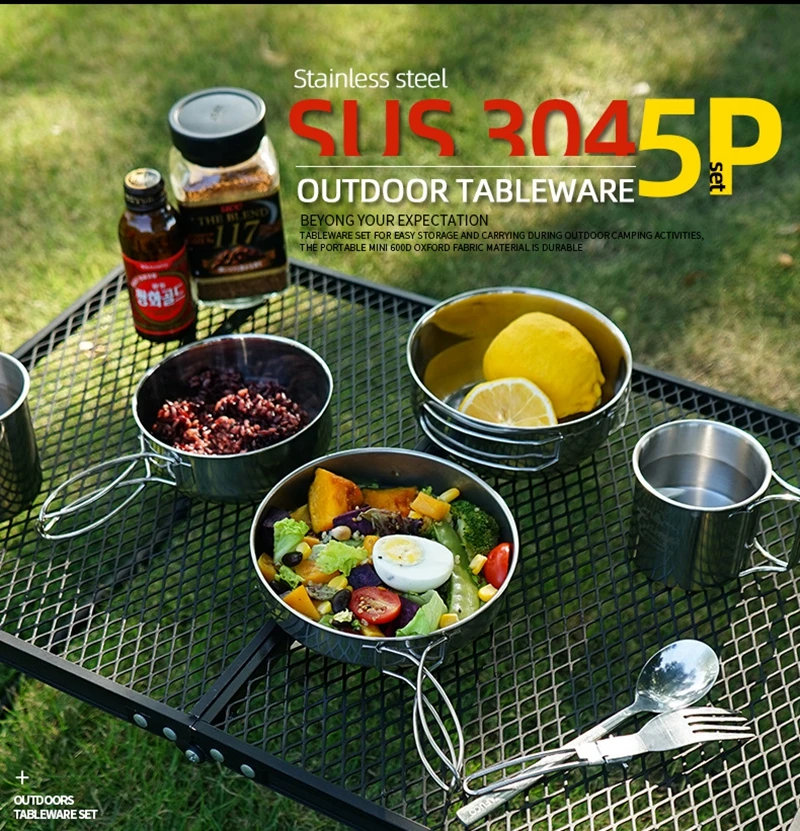 

YINGTOUMAN 5pcs/set Outdoor 304 stainless steel bowls camping fixed handle bowls picnic rice bowl travel barbecue portable bow