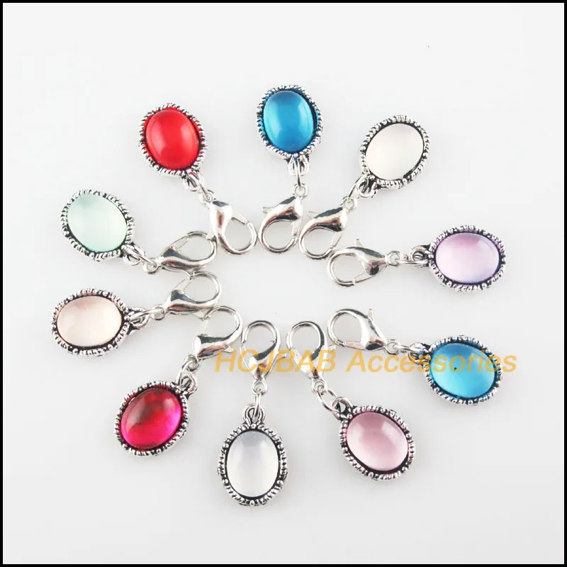 

10 New Oval Flower Charms Mixed Resin Tibetan Silver Tone With Lobster Claw Clasps Frame Pendants 11x16mm