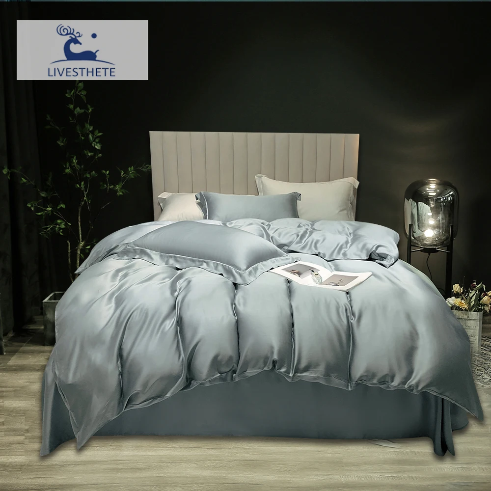 

Комплект постельного белья Liv-Esthete для женщин, чистый 100% шелк, сине-серый, мягкий пододеяльник, простыня, наволочка, простыня, двойное постель...