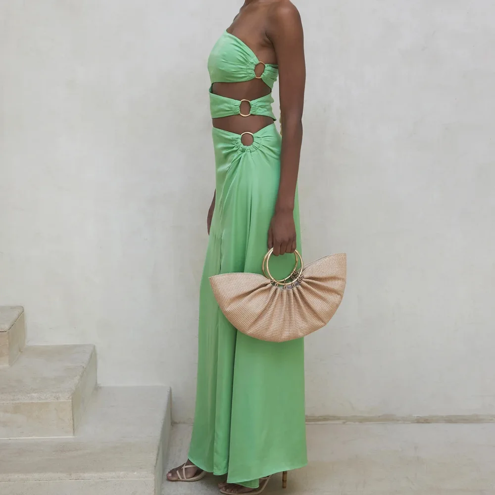 

Chic Party Night Club Wear Beige Green Sexy One-Shoulder Sling Elegant Long Dresses Women Fashion High Waist Backless Slit Dress