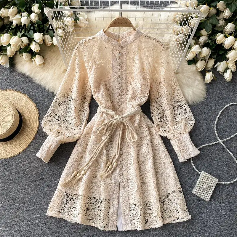 

High quality 2021 autumn women lace A-line dress o-neck puff long sleeve hollow out sashes chic party dress runway dresses