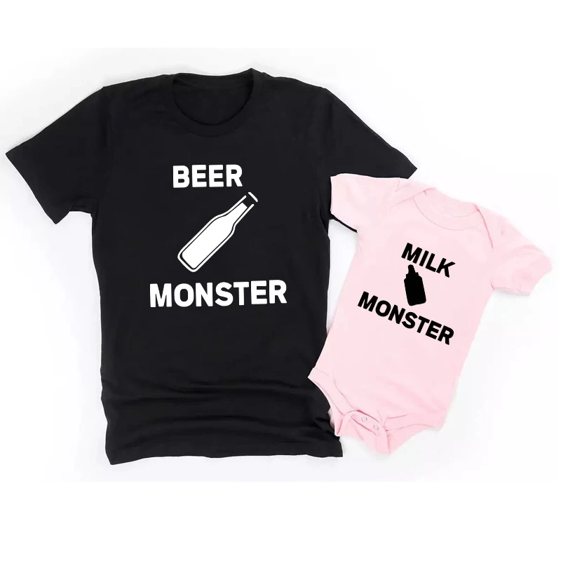 

1pc Beer Monster Milk Monster Family Matching T-Shirt Daddy Baby Casual Short Sleeve O-neck Shirts Daddy and Me Family Clothes