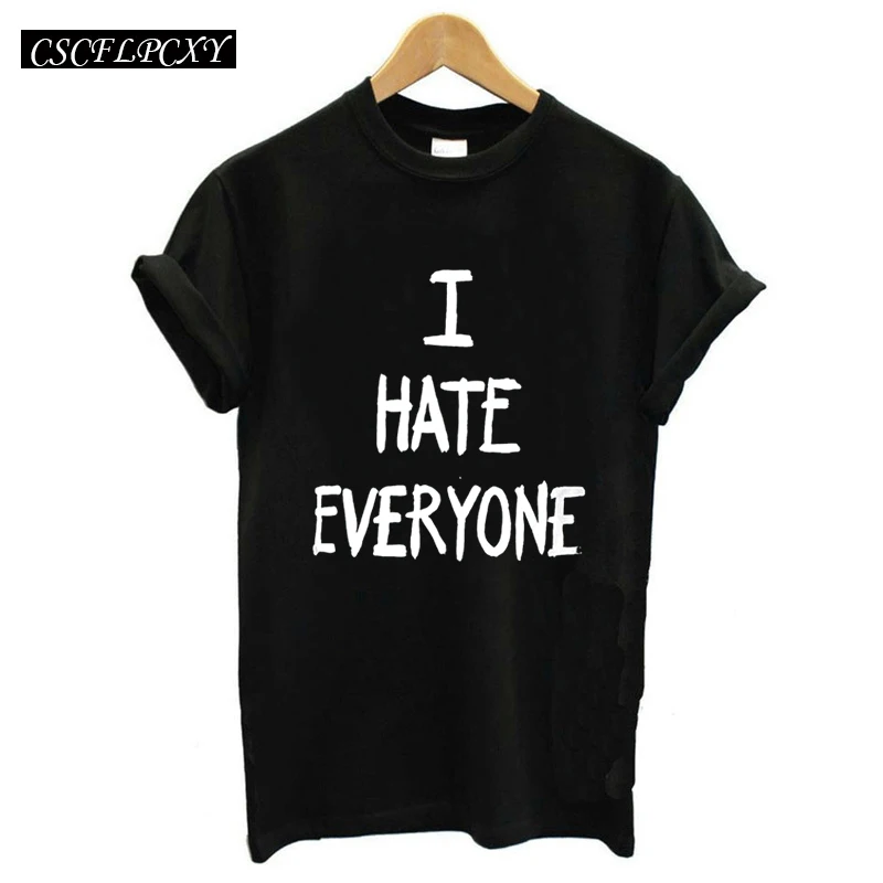 Женская футболка с надписью I HATE EVERYONE черная Повседневная принтом Топ большого