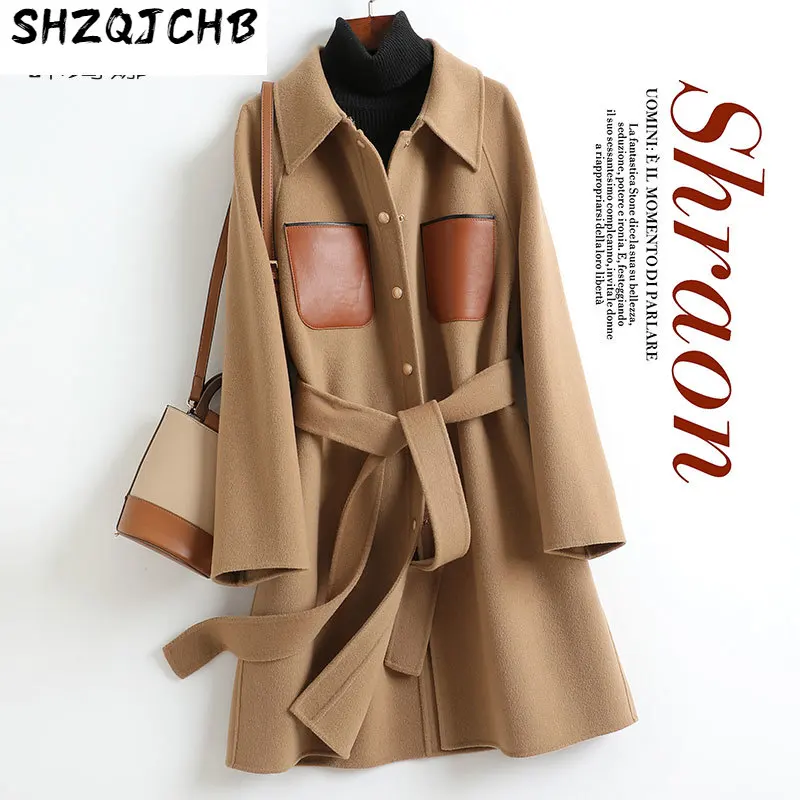 

SHZQ осенне-зимнее новое двухстороннее шерстяное твидовое пальто, шерстяное твидовое пальто с длинной талией, однотонное, 100% шерсть
