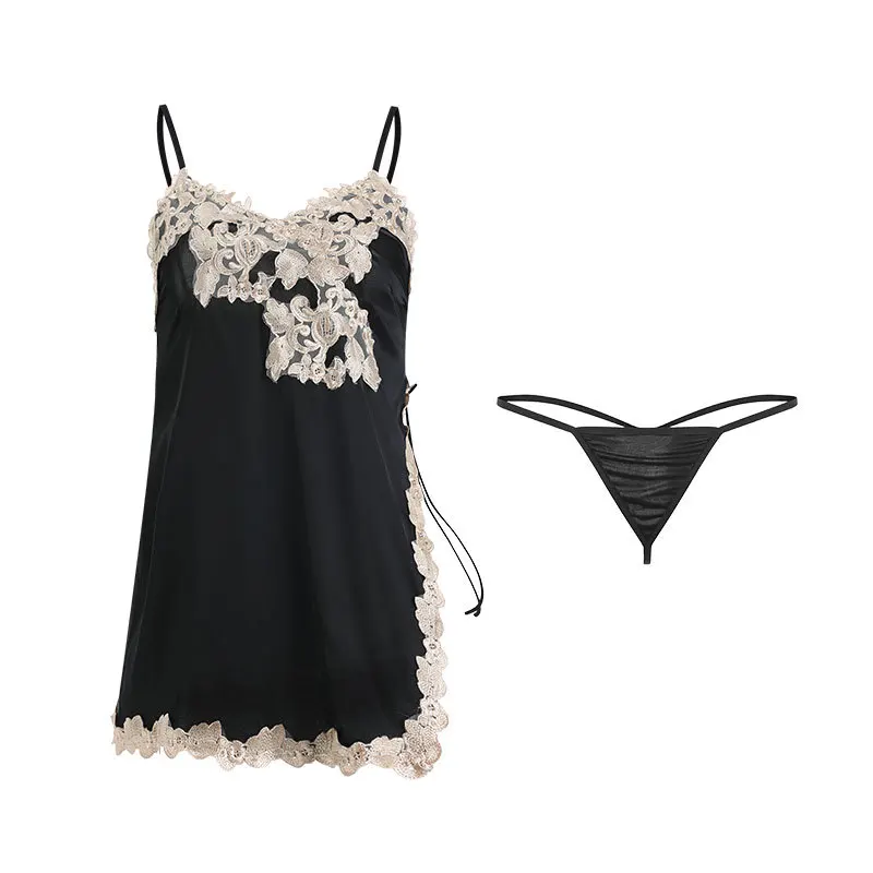 Dream Pink Nightdress Autumn Elegant Luxury Sexy Split Suspenders Female Beauty Back Lace Silky Dress with Panty Sleeping Dress