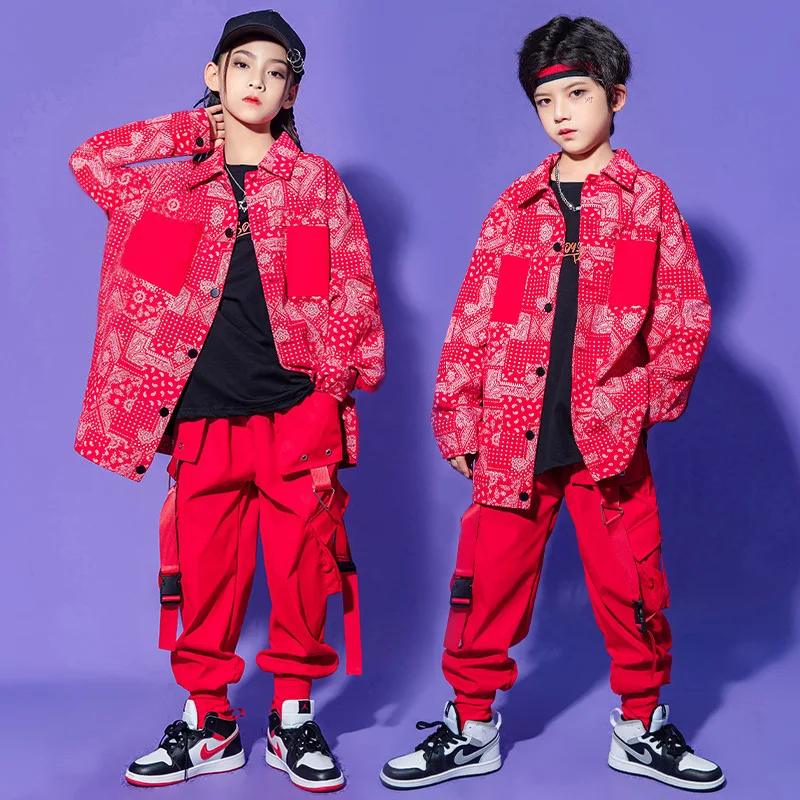 

Kid Kpop Hip Hop Clothing Red Print Shirt Jacket Top Streetwear Tactical Cargo Pants for Girl Boy Jazz Dance Costume Clothes