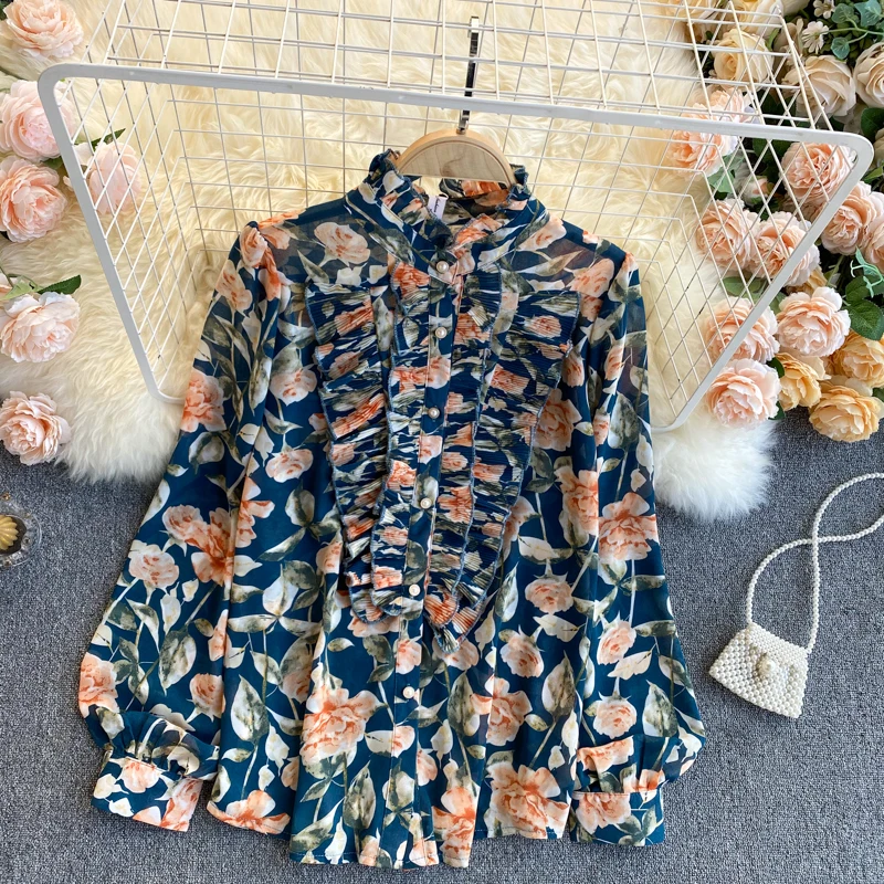 

Purple Print summer crop top women Turn Down Collar Casual holiday tops for woman Embroidery Ruched Lantern Sleeves cropped