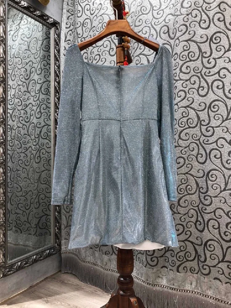 

High Quality New Club Dress 2020 Autumn Winter Party Women Sexy Square Collar Crystal Beading Deco Long Sleeve Dress Above Knee