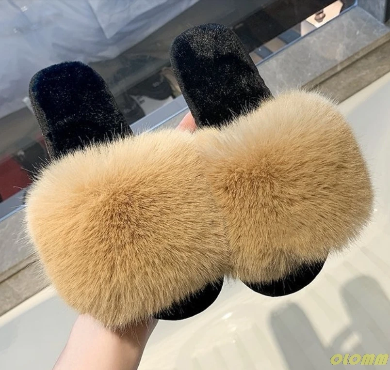 

Женские разноцветные Шлепанцы из лисьего меха, модные пушистые шлепанцы, плюшевые шлепанцы из искусственного лисьего меха, женские сандали...