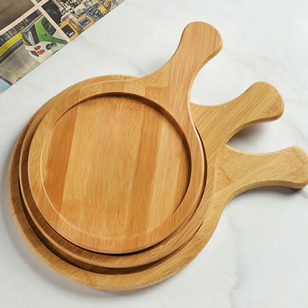 

1pc Round Pizza Tray with Handle Bamboo Pizza Plate for Restaurant (Wood Color)