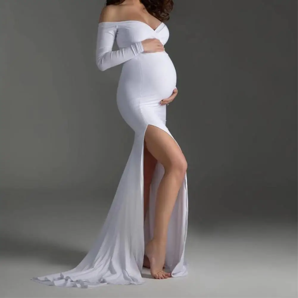 

Женское платье с запахом на груди, с открытыми плечами, с длинным рукавом, с разрезом сбоку, однотонное платье для беременных, женская одежда