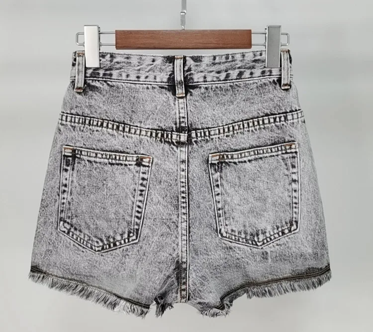 

2021 Spring Summer Women's High-waist Snowflake Tassel Trousers Gray Non-stretch Ladies Shorts Denim