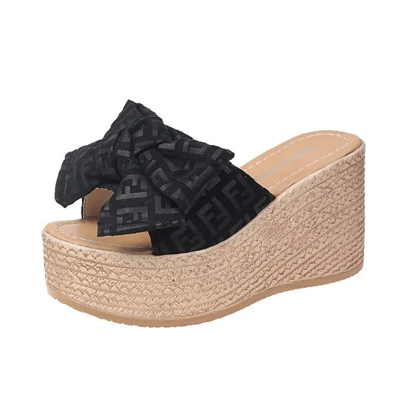 

Large slope heel women's slippers summer new Korean fashion super high heel sandal bottom bow