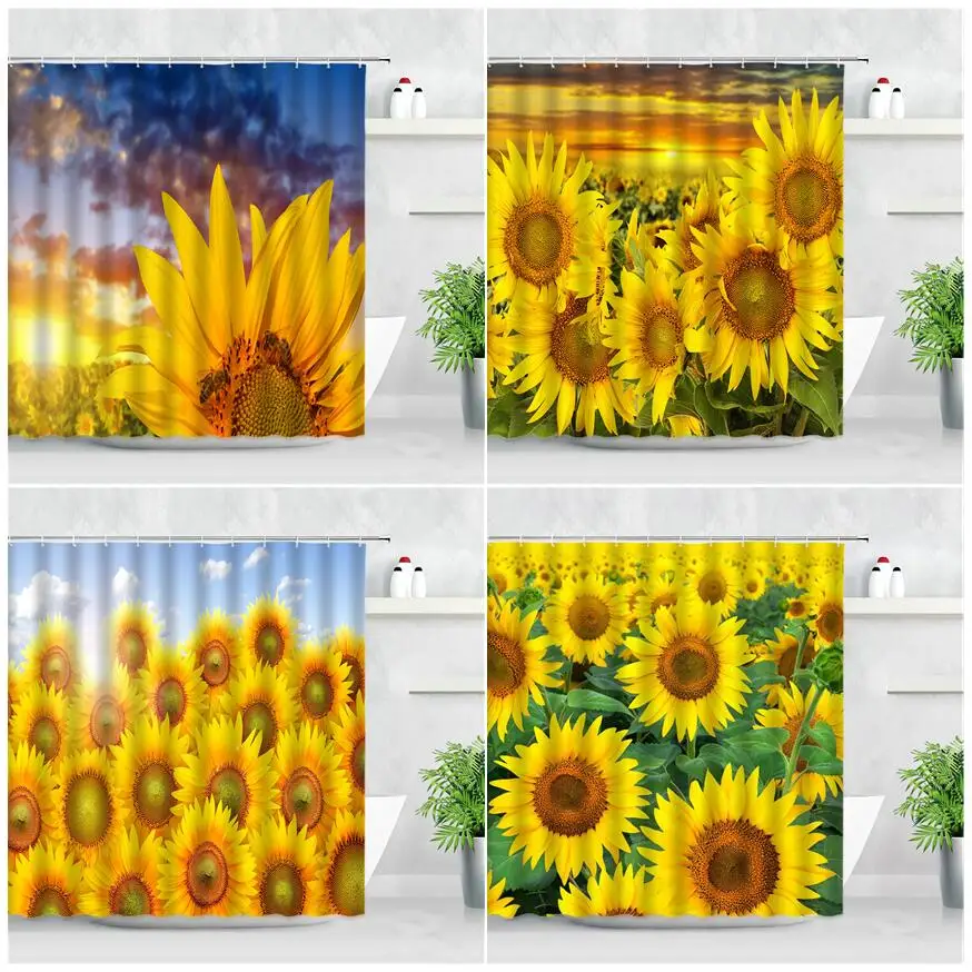 

Sunset Scenery Yellow Sunflower Shower Curtains Fabric Screen Pastoral Natural Flowers Green Leaf Modern Decor Bathroom Curtain