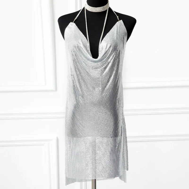 

Metallic Strap Backless Dress Sleeveless Sexy Ladies Slim Club Bar Split Dresses Gold Silver Black Brilliant Sequins Mini Dress