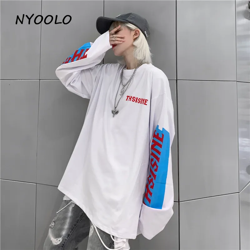 NYOOLO Harajuku стиль простая футболка с буквенным принтом Осенняя уличная свободная футболка с длинными рукавами и круглым вырезом Женская Мужская одежда Топ - Цвет: Белый