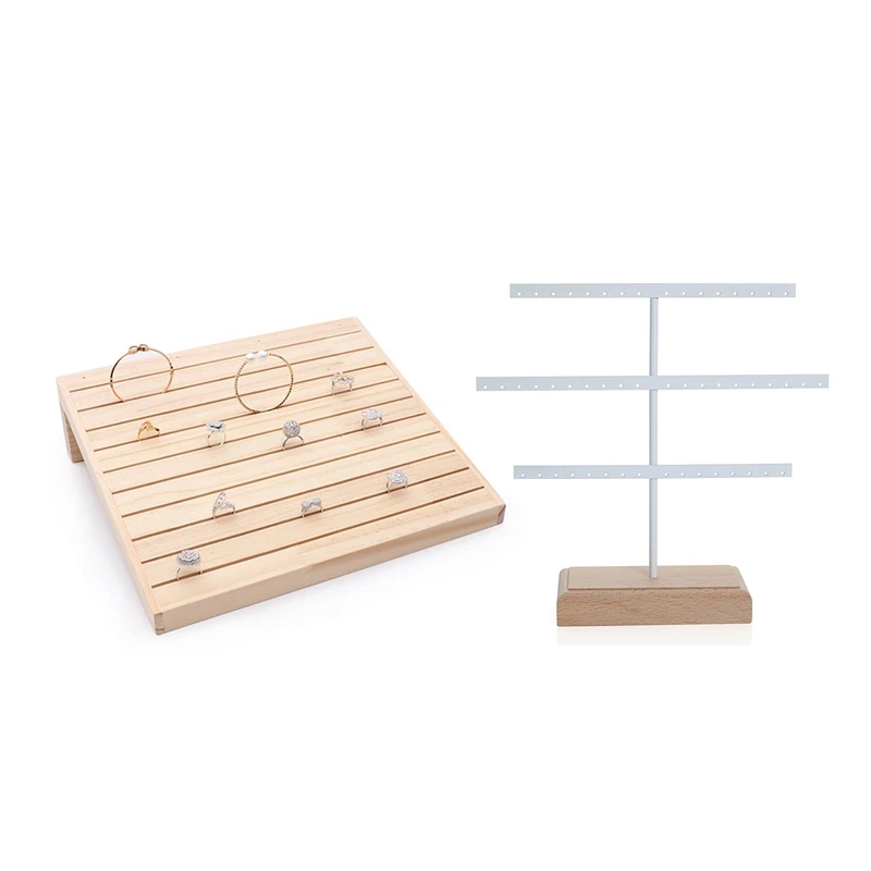 

2 Pcs Earring Necklace Display Stand Holder Jewelry Organizer Earring Organizer Hanging Holder Rack Box, Wood Color & White