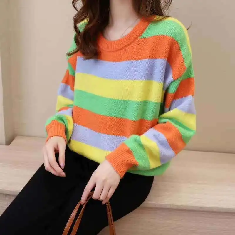 

2022 Rainbow Striped Sweater Women Autumn Winter 2022 New Korean Version Loose Lazy Pullover Sweater Top