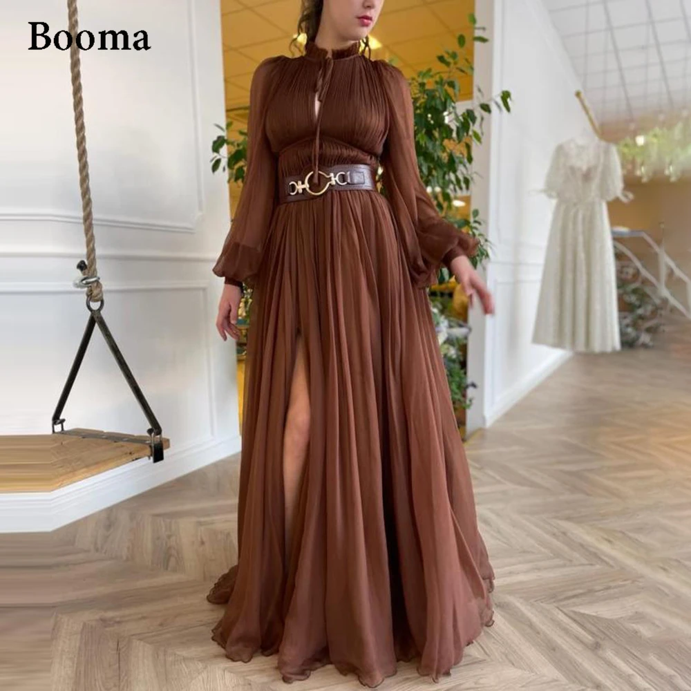 

Booma Brown Chiffon Prom Dresses Long Sleeves High Neck Slit Pleated Prom Gowns Keyhole Open Skirt A-Line Wedding Party Dresses