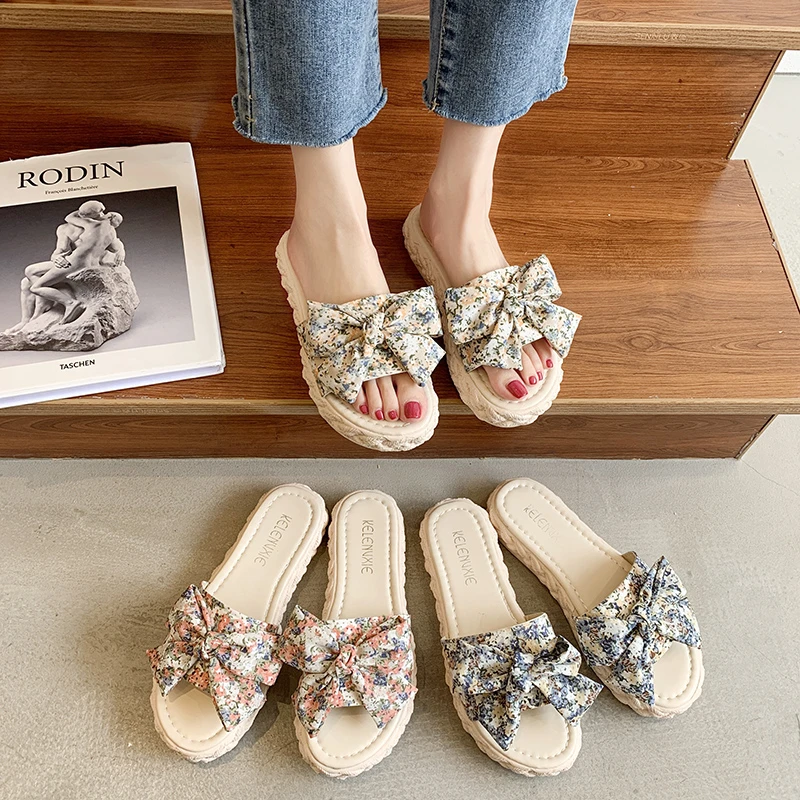 

Wohdhe Women Sweet Slippers Butterfly-knot Flat With Shales Platform Beach Slides Outdoor Peep-toe Ethnic Style Summer Terlik