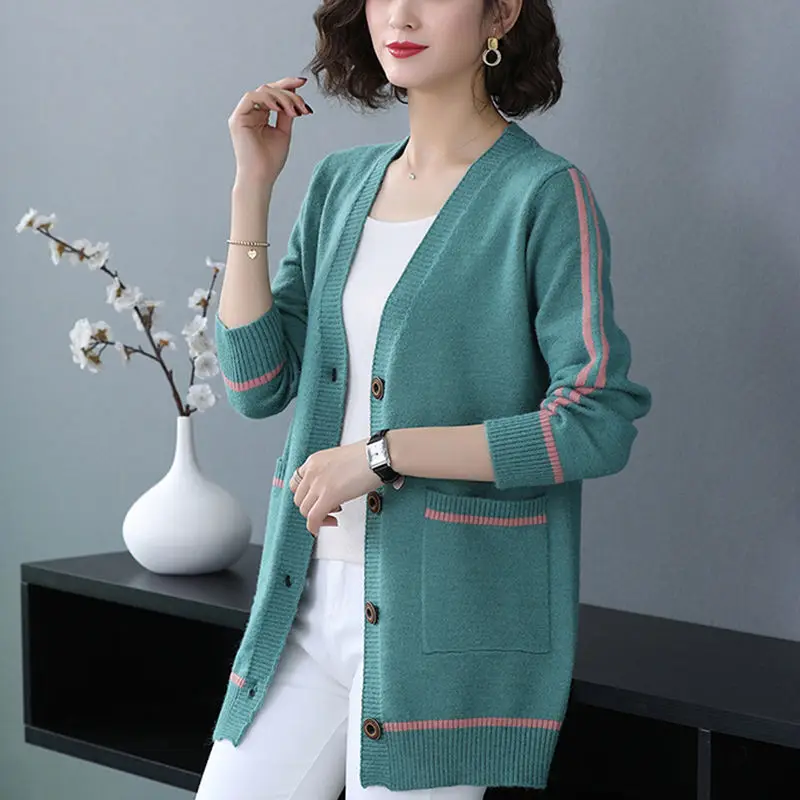 Elegant Long Knitting Cardigan Women Korean Style Full Sleeve plus size 4XL knitted sweater Autumn green Single Breasted jackets