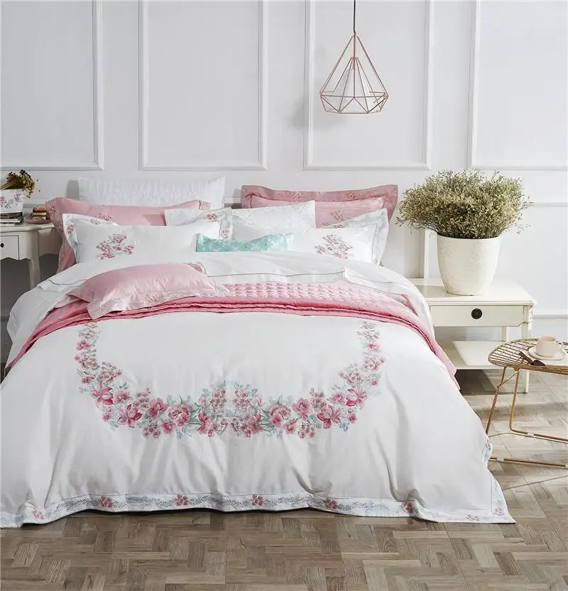 

Pink Rose Flowers Embroidery White Egyptian cotton Bedding Set Blossom Bedding set Duvet cover Bed Sheet King Queen size JPcs