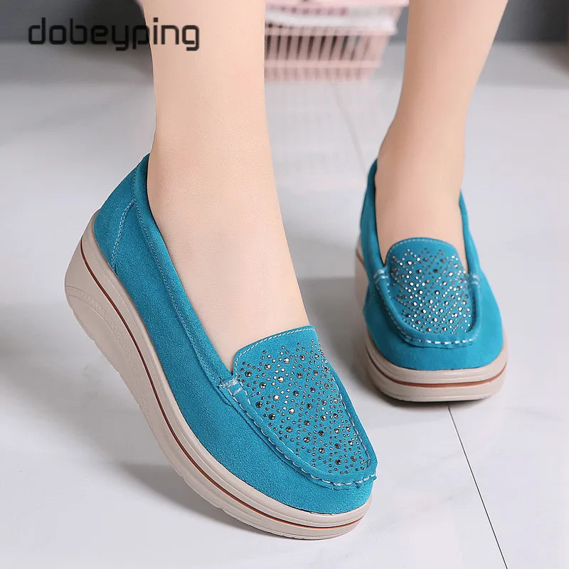 Spring Autumn Women Flats Shoes Platform Female Sneakers Moccasins Shoes Woman Crystal Slip On Shoe Suede Leather Ladies Loafers