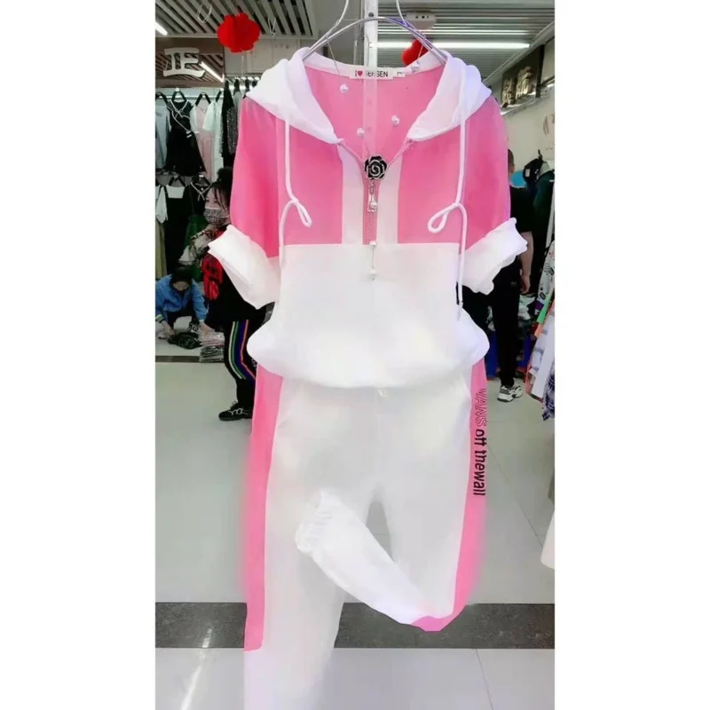 2023 Summer New Women's Tracksuit Loose Fashion Casual Short Sleeve Hooded Top Pants Two Piece Sets Sweat Suit For Women Clothes