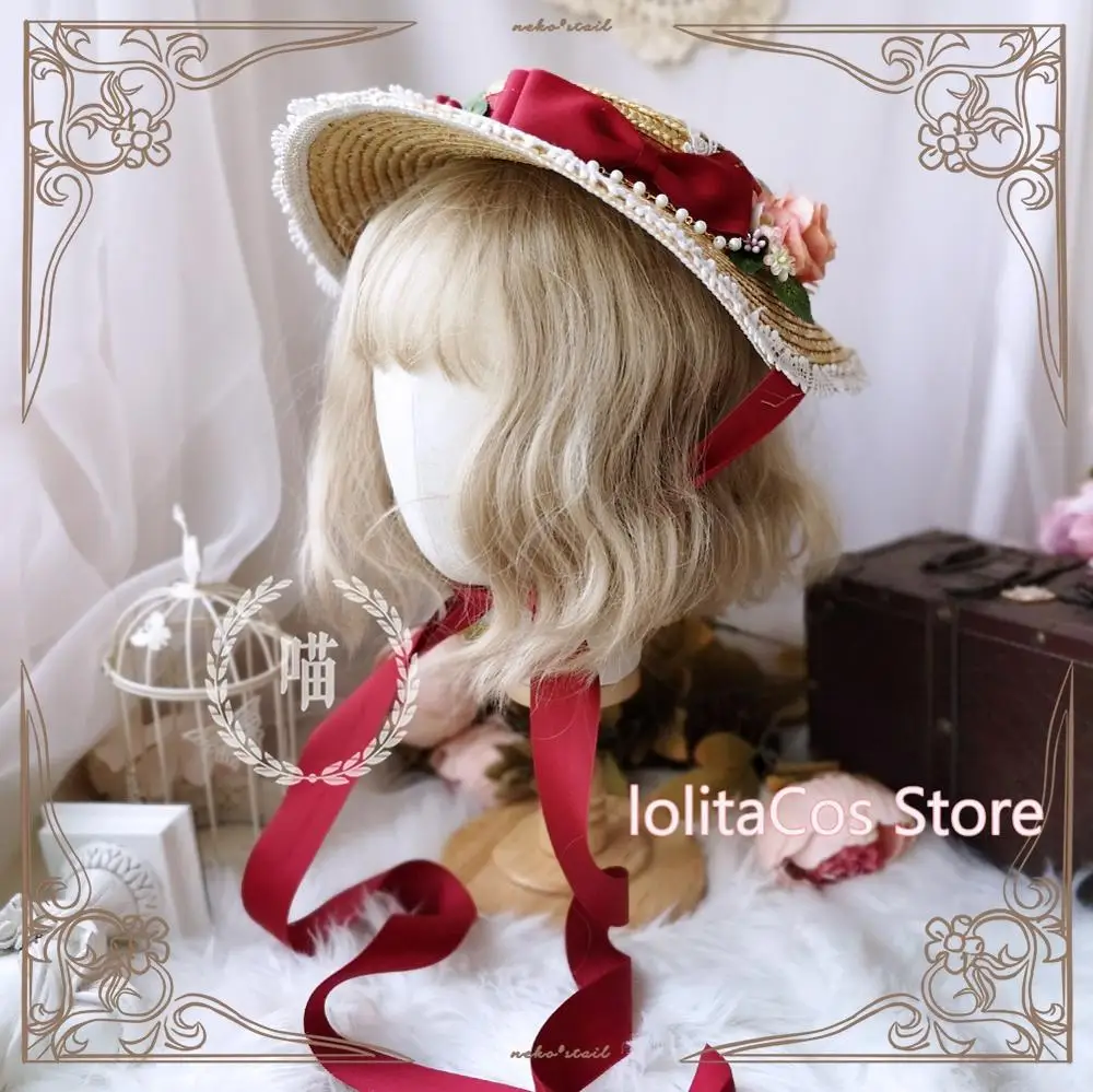 

Vintage Handmade Lolita Fairy Wheat Straw Hat Headwear Mori Girl Tea Party Princess Sweet Lace Trim Flower Bandage Flat Cap