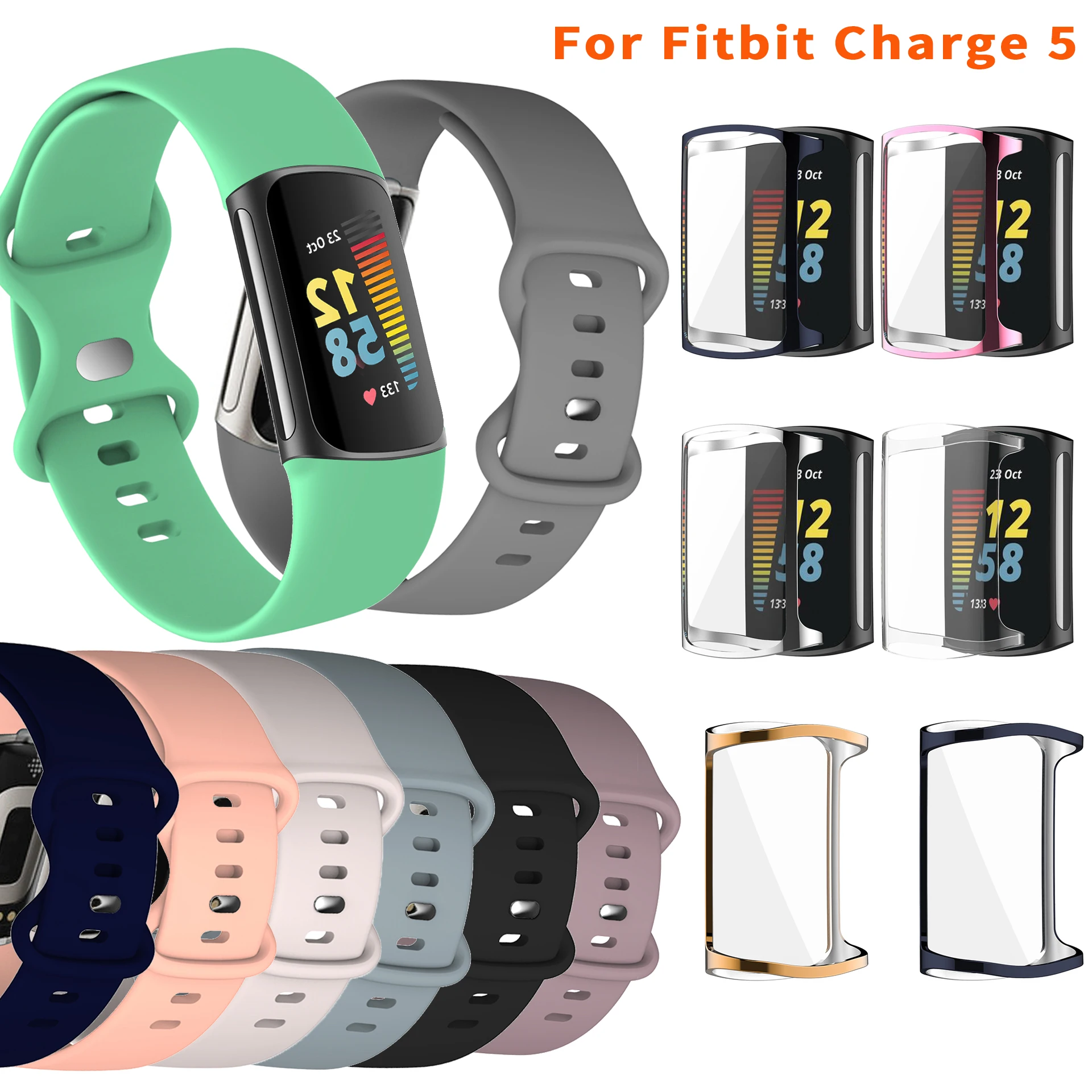 

Official WatchBand For Fitbit Charge 5 Smartwatch Silicone Strap For Charge 5Sport WristBracelet and Full Screen Protective Case