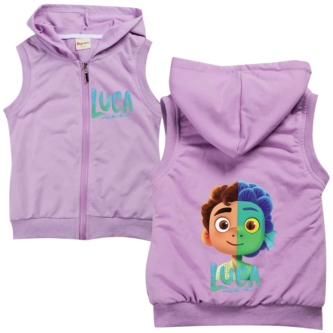 

Baby Boy Hooded Sleeveless Jacket Boys Outerwear Girls Fashion Spring & Autumn Clothes Kids Cartoon Luca Print Zipper Waistcoat