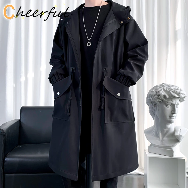 

Куртка мужская длинная свободного покроя, винтажная ветровка с капюшоном, повседневная верхняя одежда в стиле оверсайз, черный цвет